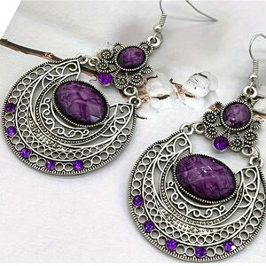 Inlaid Carved Pattern Oval Purple Dangle Earrings Bohemian